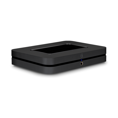 Bluesound NODE N132 black three-quarter angle view showing matte satin finish and front headphone output on white background
