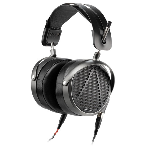 Audeze MM-500 black open-back planar magnetic headphones at 3/4 angle, gunmetal machined aluminum earcups with perforated grille, black leather earpads, spring steel headband, dual mini-XLR cable connectors, white background