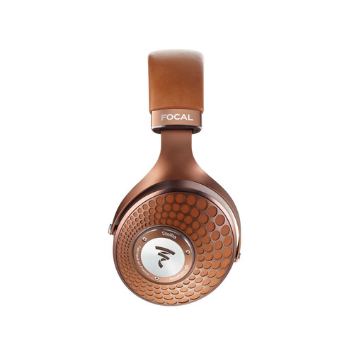 Top-down view of Focal Stellia right ear cup in Cognac finish showing perforated full-grain leather back, solid aluminum yoke, and engraved Beryllium logo medallion on white background