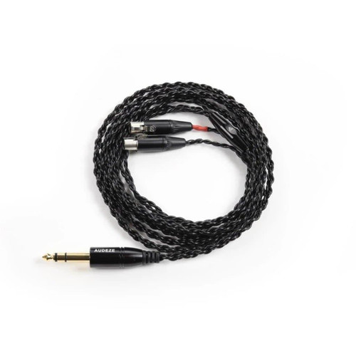 Coiled black braided Audeze cable with dual mini-XLR plugs and gold single-ended 1/4-inch plug on a white background