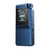 FiiO BTR17 Blue front quarter view with sandblasted blue aluminum chassis, color display showing LDAC 96K, physical volume knob, and side controls, white background