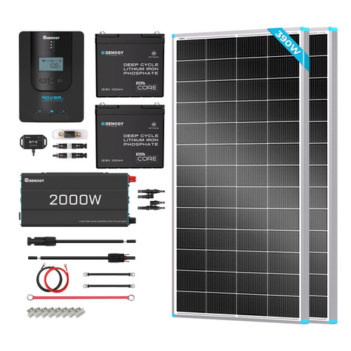 Renogy 390W 12V Complete Solar Kit w/ Two 100Ah LiFePO4 Batteries