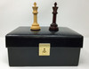 Excalibur Chess Pieces in Rosewood and Boxwood with 4" King in Leatherette Storage Box with Key box with kings