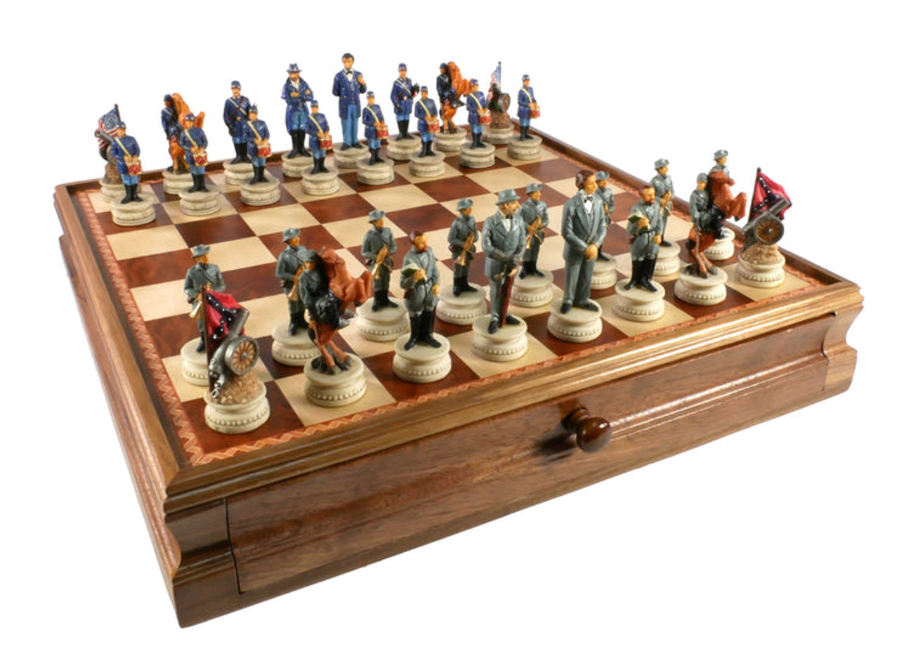 Themed Chess Set: Civil War Resin Chessmen on Walnut & Maple Chest