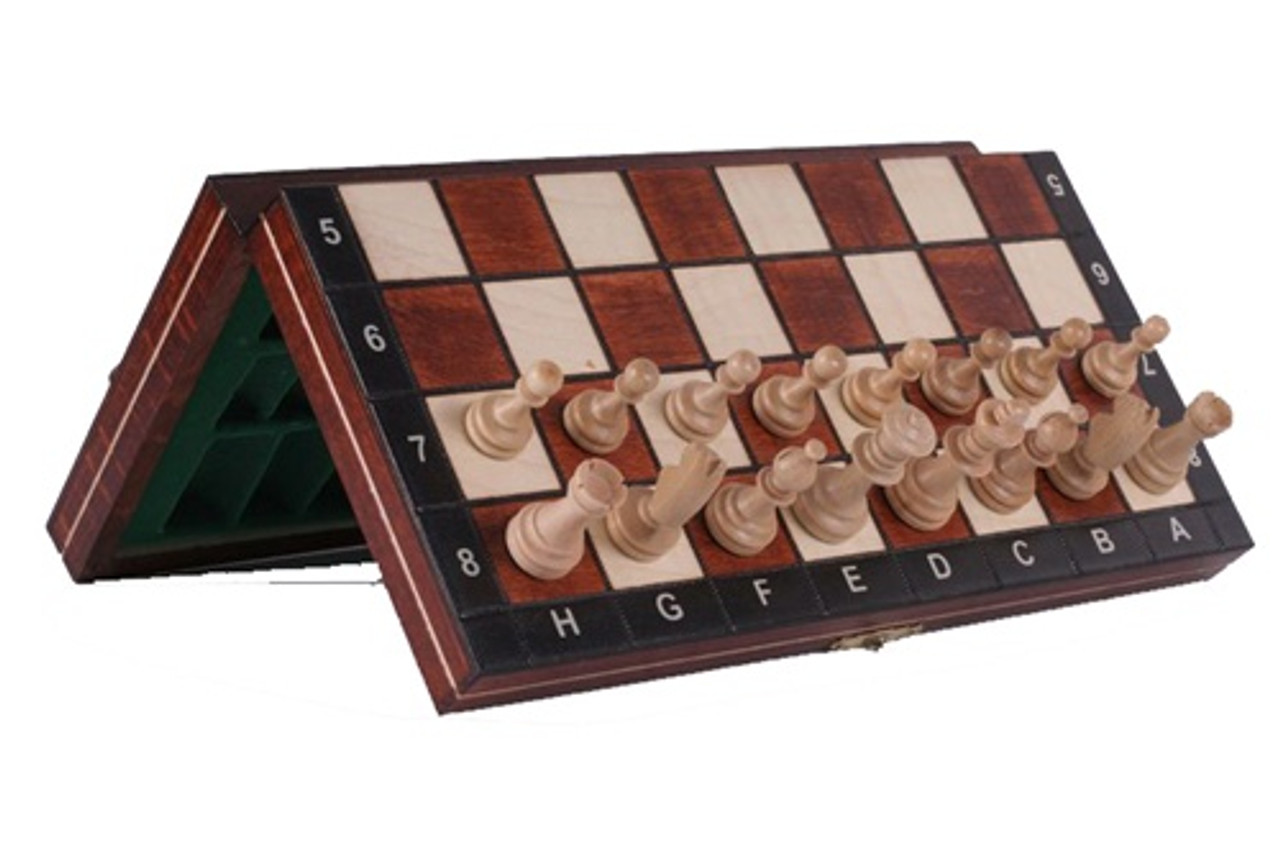 Chess Set: Wooden Magnetic Travel Set with Brown Chess Board and Storage Compartment