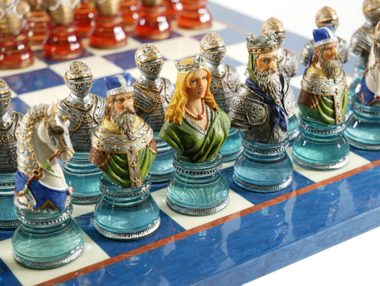 Camelot Busts Blue Acrylic Base with Blue & Ivory Chess Board close up blue chess pieces