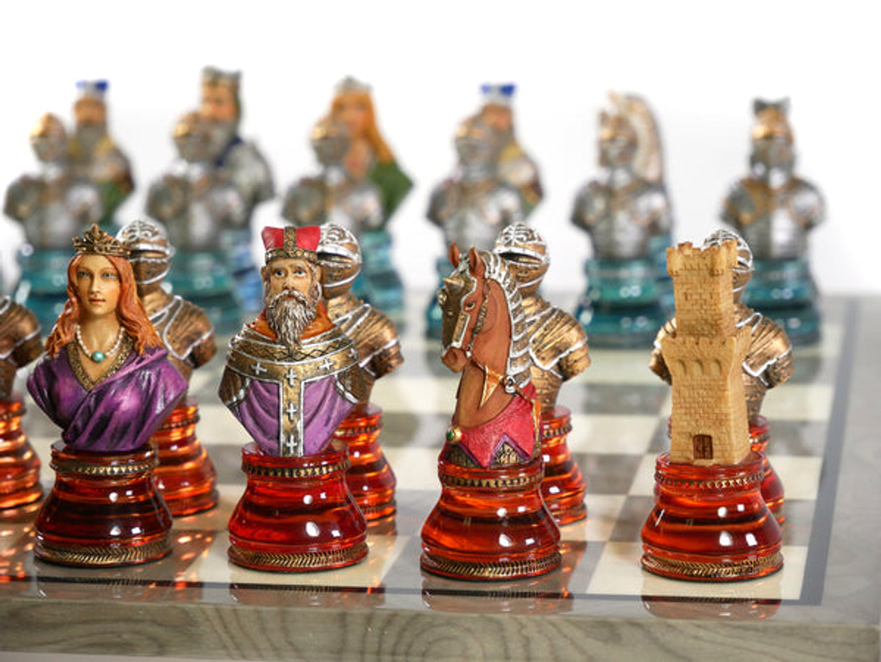 Themed Chess Set: Camelot Busts Acrylic with Grey Briar Chess Board close up red chessmen