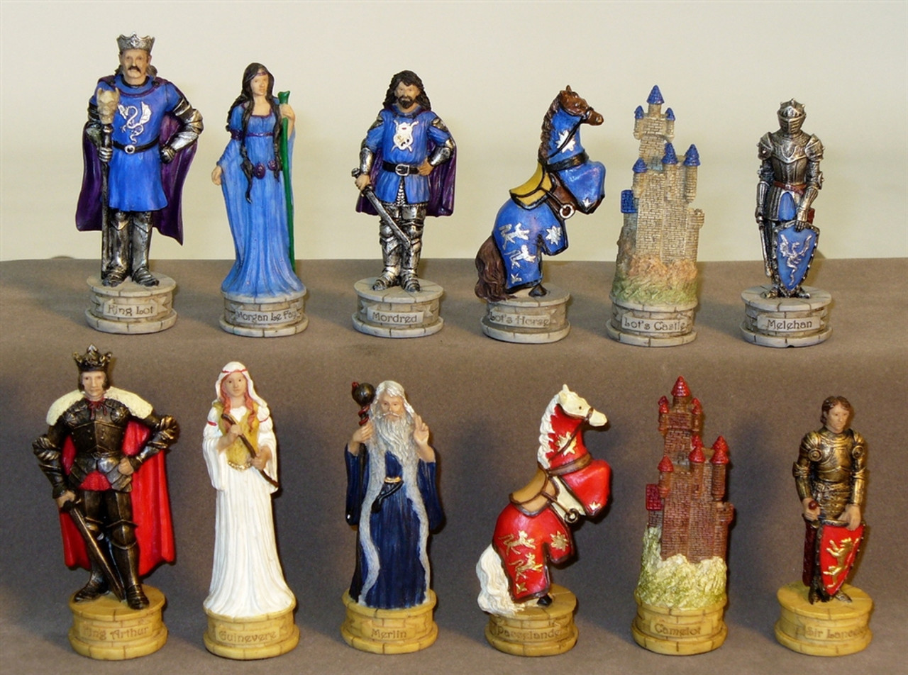 King Arthur's Court Painted Resin Chess Set: Cherry Stained Chest Bronze/Silver Chess Board