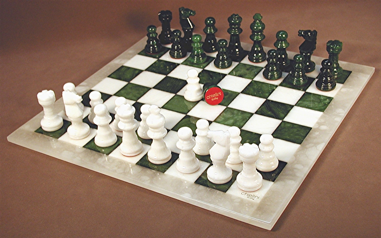Chess Set: Freyr Green & White Chess Pieces on Matching Chess Board 