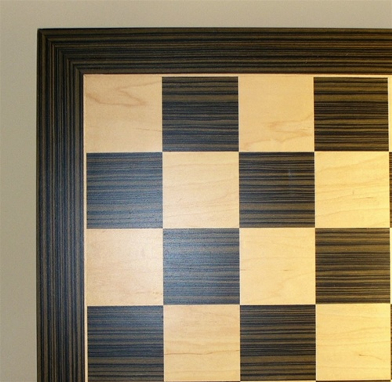 Chess Board: Ebony & Maple Veneer Chess Board 1.5" Squares close up corner