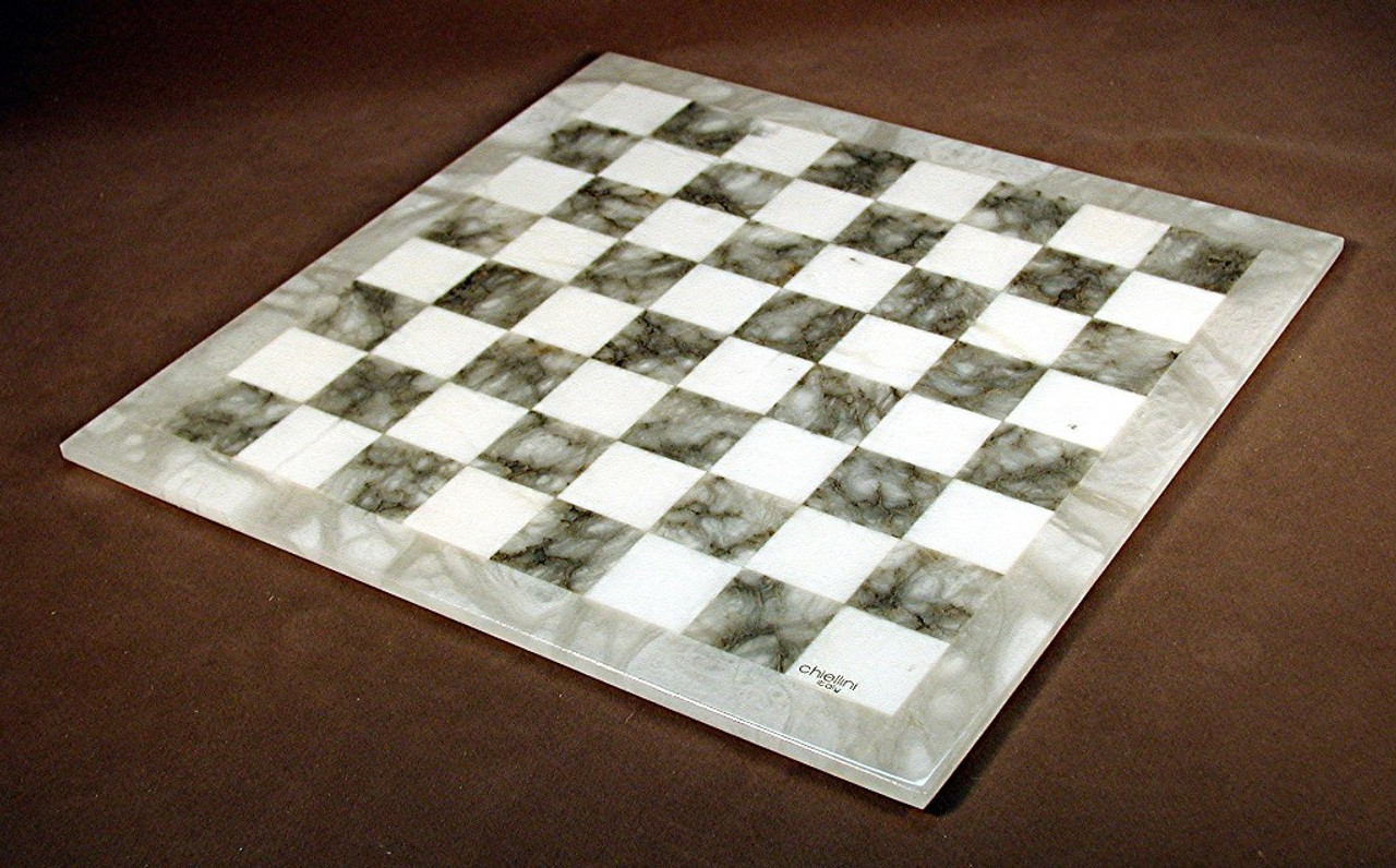 Chess Board: Grey & White Alabaster 1.5" Squares on dark table 