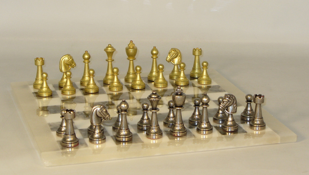  Chess Set: Treviso Metal Chess Pieces and Matching Grey Alabaster Chess Board both pieces