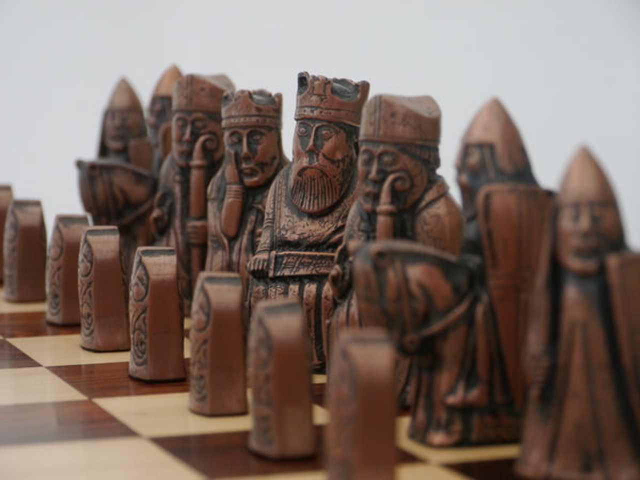 The Metal Isle of Lewis Chess Pieces - Antique Silver & Copper Finish with 3.5" King white pieces up close side view