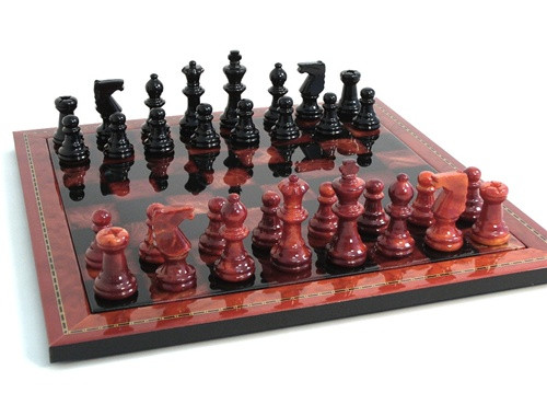 Chess Set: Dionysus Red & Black Alabaster Chess Pieces on Wood Framed Chess Board