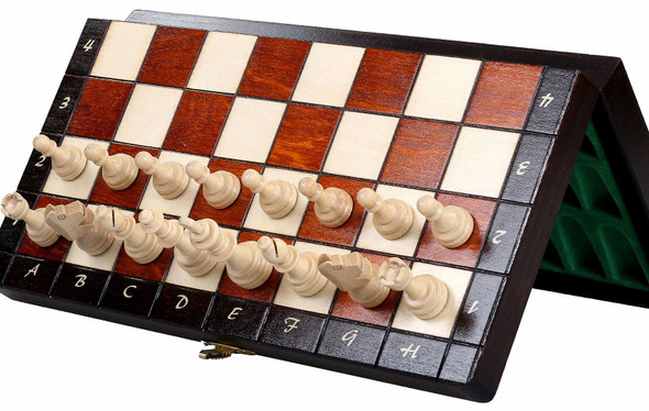 Chess Set: Wooden Magnetic Travel Set with Brown Chess Board and Storage Compartment