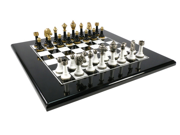 Tuscan Colonnade - Wood and Metal Chess Set Close  up of metal chess pieces and board