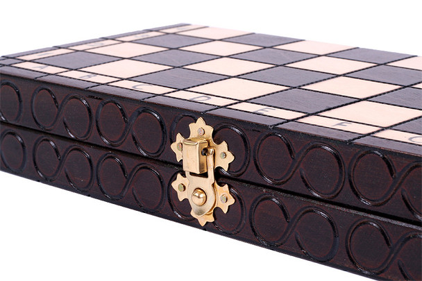 The Veles - Unique Hand Crafted Wood Chess Set, Chess Pieces, Chess Board & Storage open box the embossed  chess board