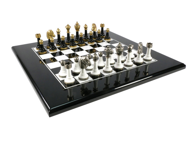 Tuscan Colonnade - Wood and Metal Chess Set Close  up of metal chess pieces and board