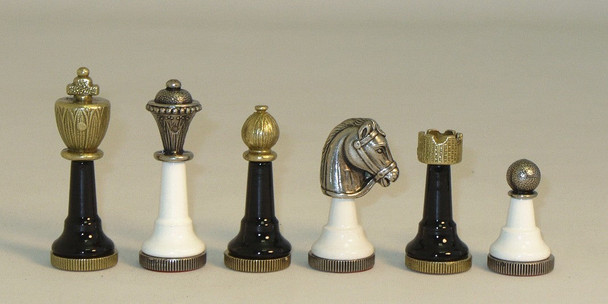 Tuscan Colonnade - Wood and Metal Chess Set Close  up of metal chess pieces and board thee metal chess pieces close up