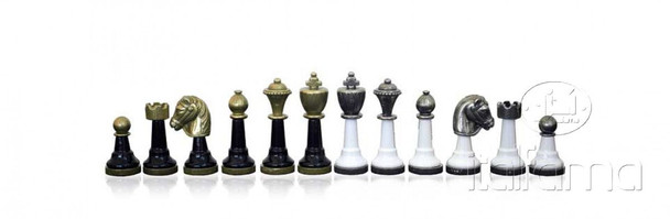 Tuscan Colonnade - Wood and Metal Chess Set Close  up of metal chess pieces and board the metal chess pieces