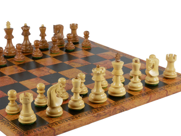 Chess Set: The Zagreb Chess Pieces on Pressed Leather Map Chess Board 1" Squares the dark pieces