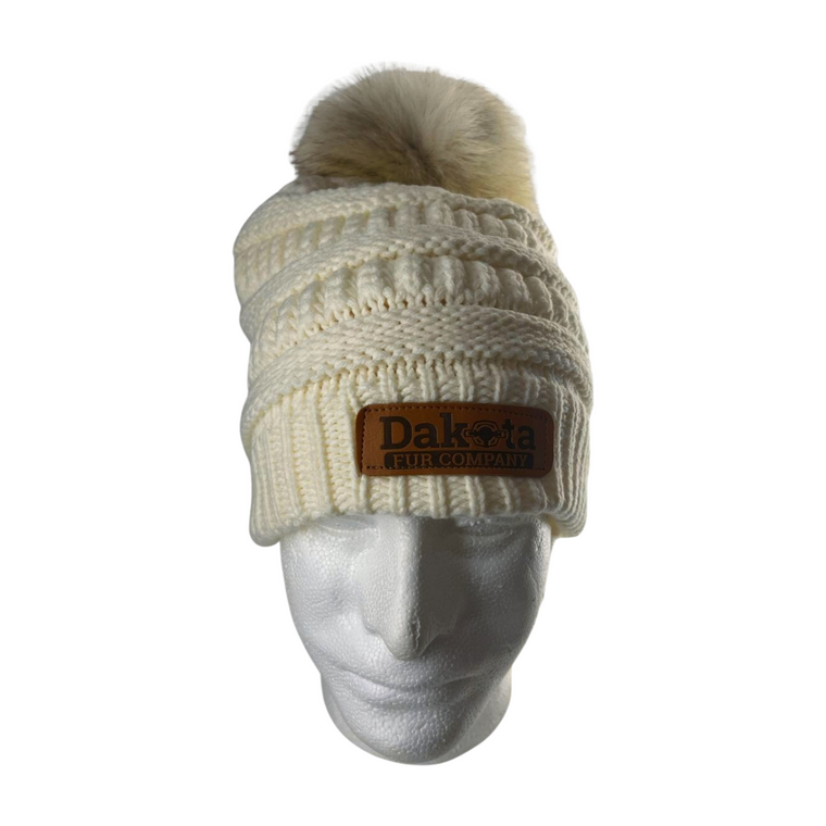 Fur Pom-Pom Beanie - White Knit - Dakota Fur Company