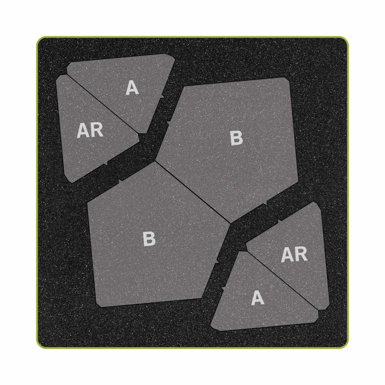 Fabric cutter dies labeled A, B, AR in a speckled black and gray design.