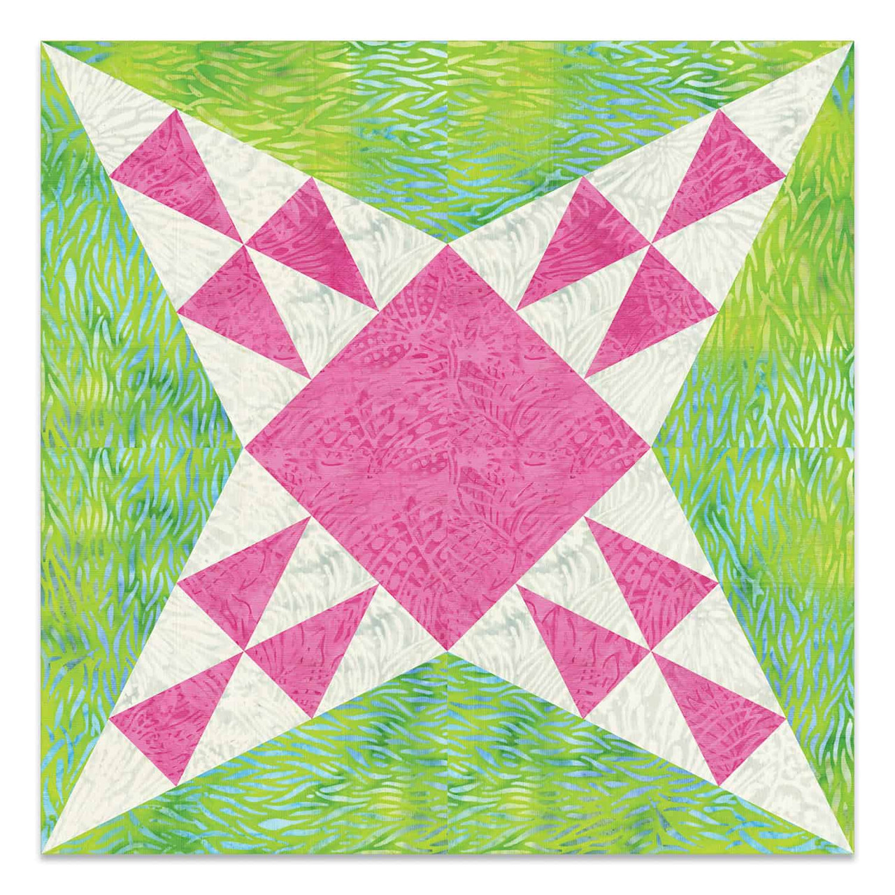 Colorful geometric fabric quilt in shades of pink, green, and white.