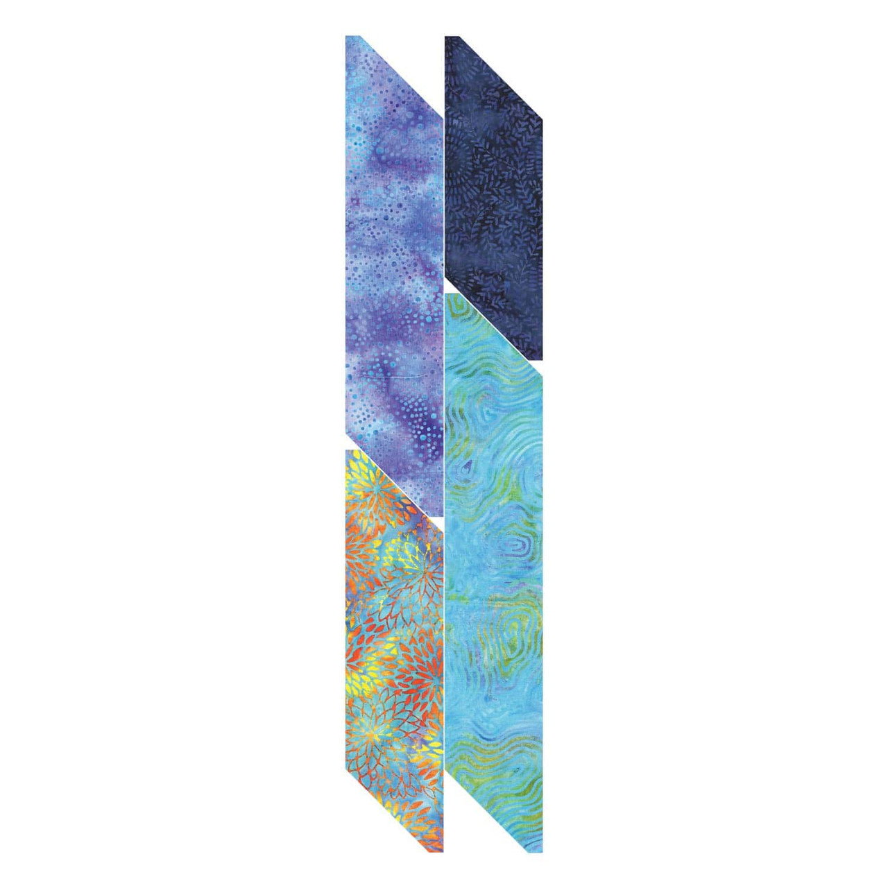 Colorful batik-patterned fabric pieces arranged in geometric shapes.