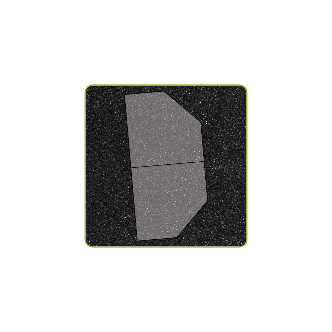 Gray geometric fabric pieces arranged on a black speckled surface.