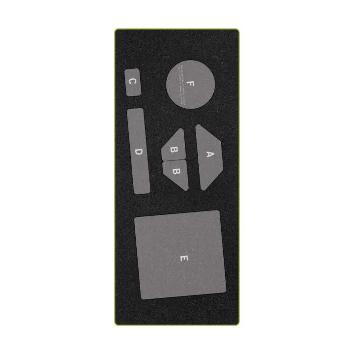 Pattern pieces for sewing projects featuring various geometric shapes.