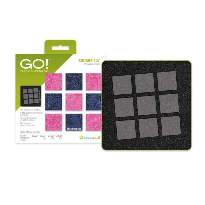 Fabric cutting die set featuring square shapes by AccuQuilt.
