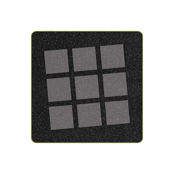 Grid display on a textured black square mat.