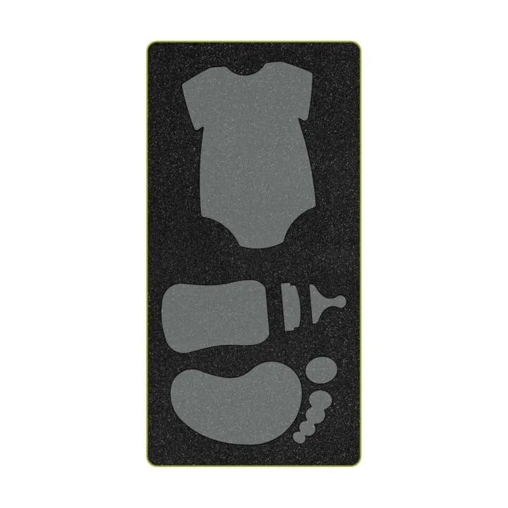 Baby-themed sewing die set featuring a romper bottle and footprint shapes.