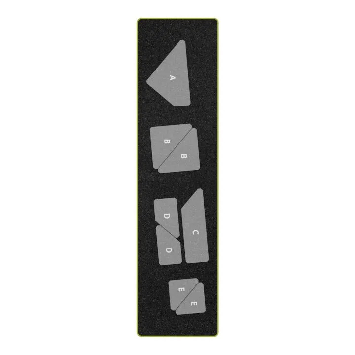 Sewing pattern templates in various shapes on a dark fabric background.