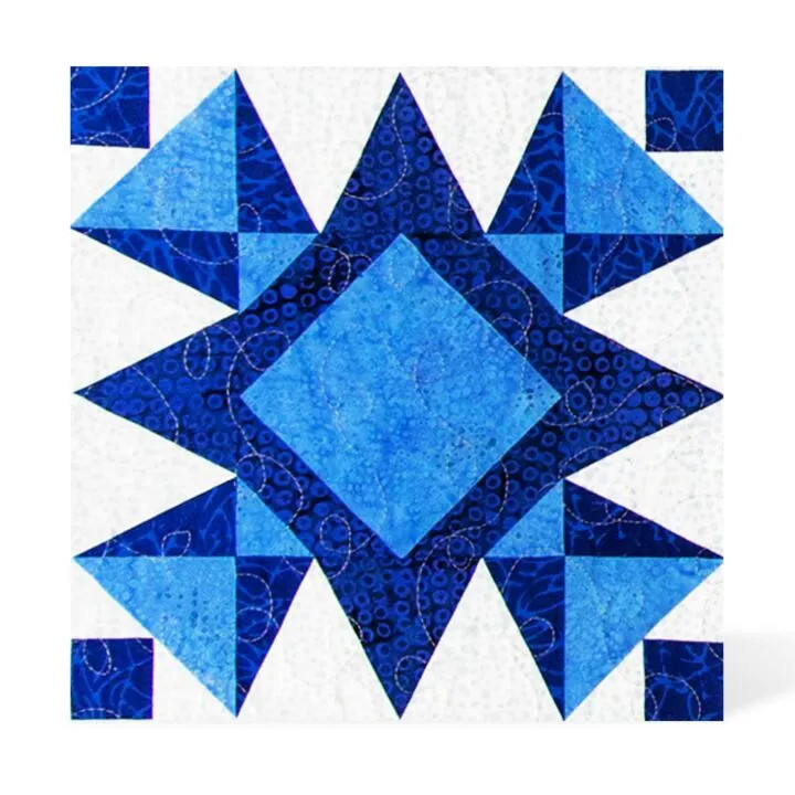 Blue geometric quilt pattern crafted by West Gosford NSW sewing brand.
