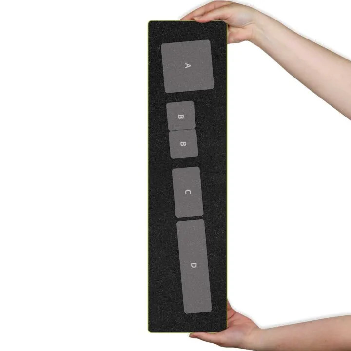 Hands holding a black fabric sample with marked sections A to D.