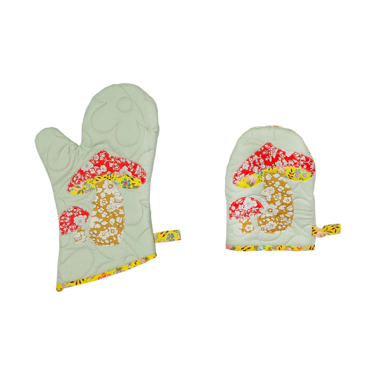 Quilted oven mitts featuring colorful mushroom designs on a white background.
