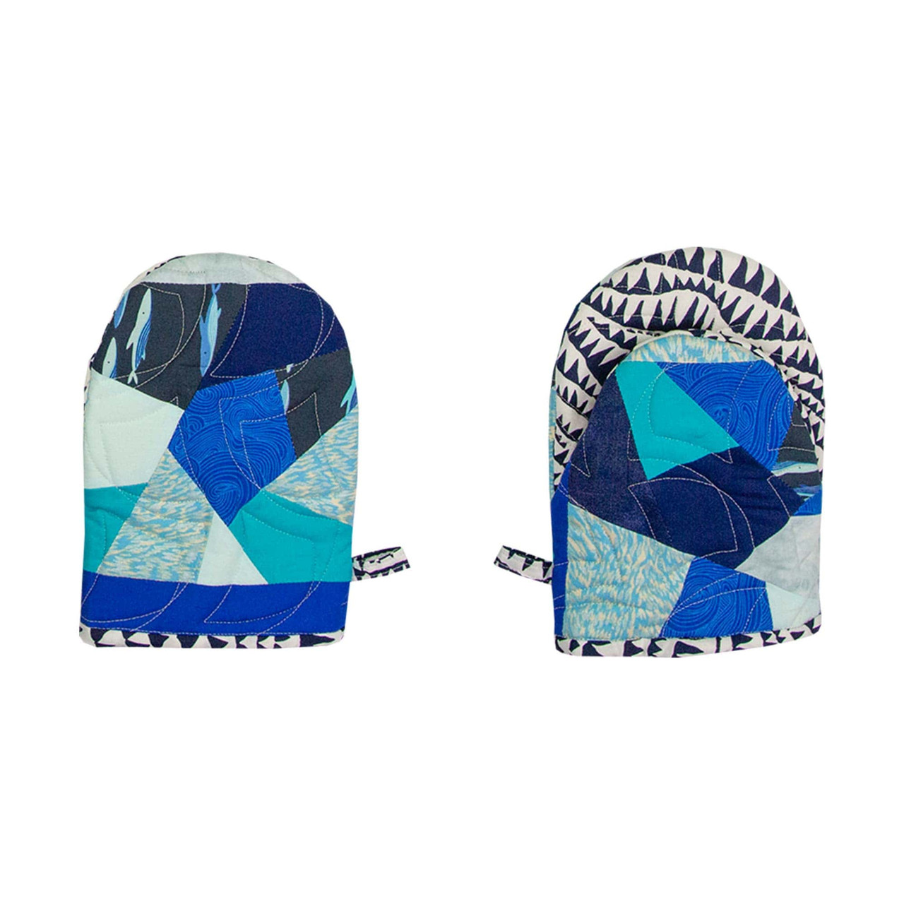 Colorful quilted mittens with geometric patterns in blue tones.