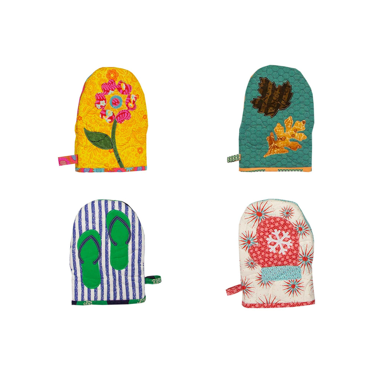Colorful fabric mittens with unique floral and seasonal designs displayed.