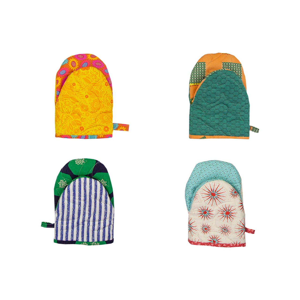 Colorful fabric mittens arranged in a grid pattern on a white background.