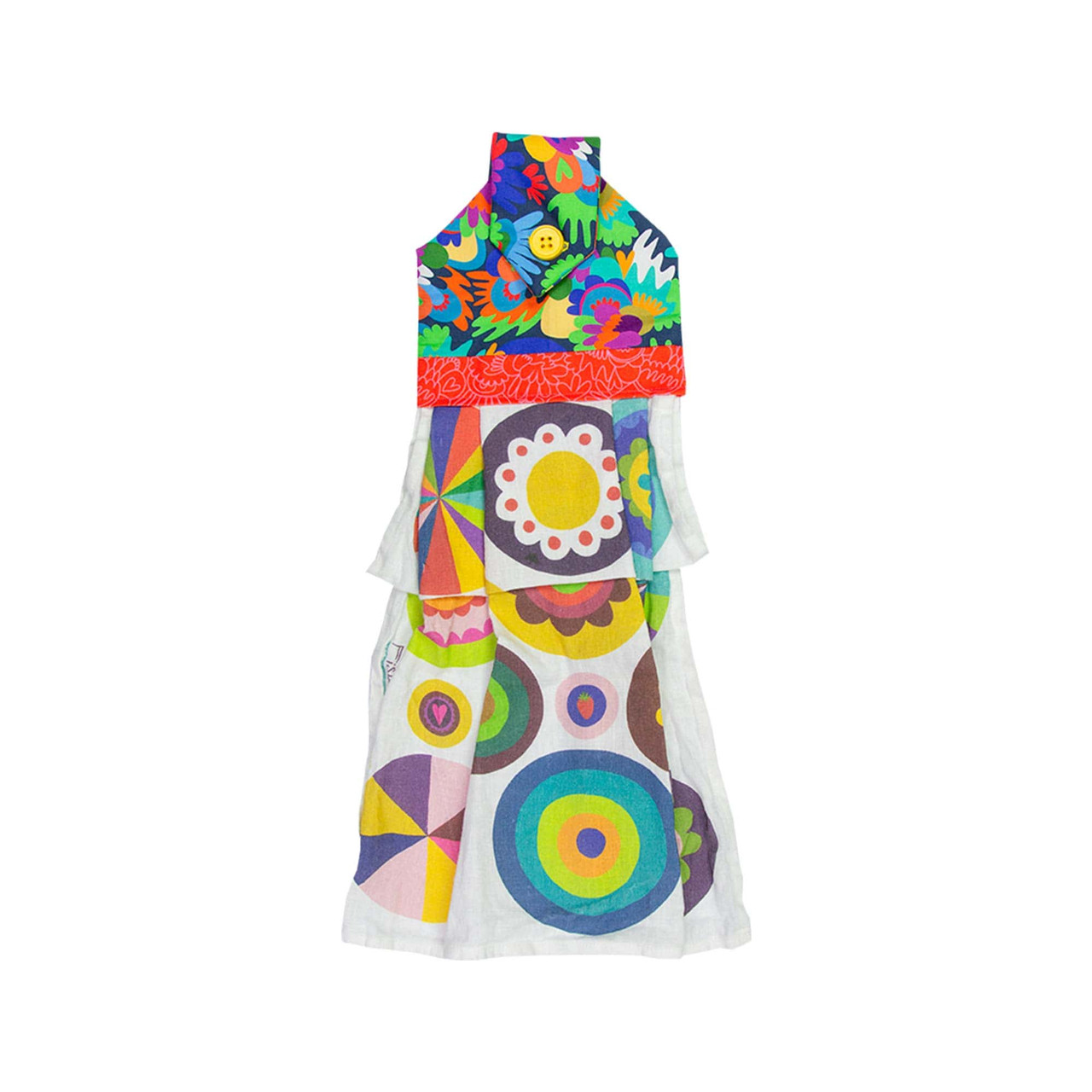 Colorful fabric dress with vibrant patterns and floral designs on white background.
