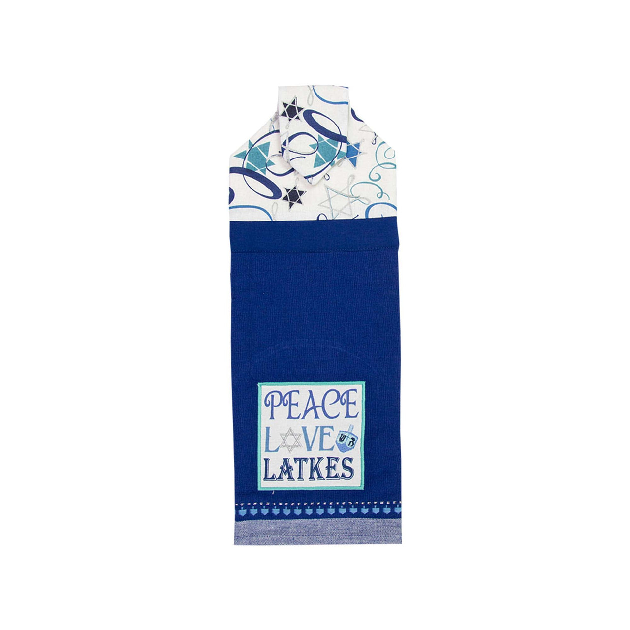 Blue fabric towel with "Peace Love Latkes" and Star of David pattern.