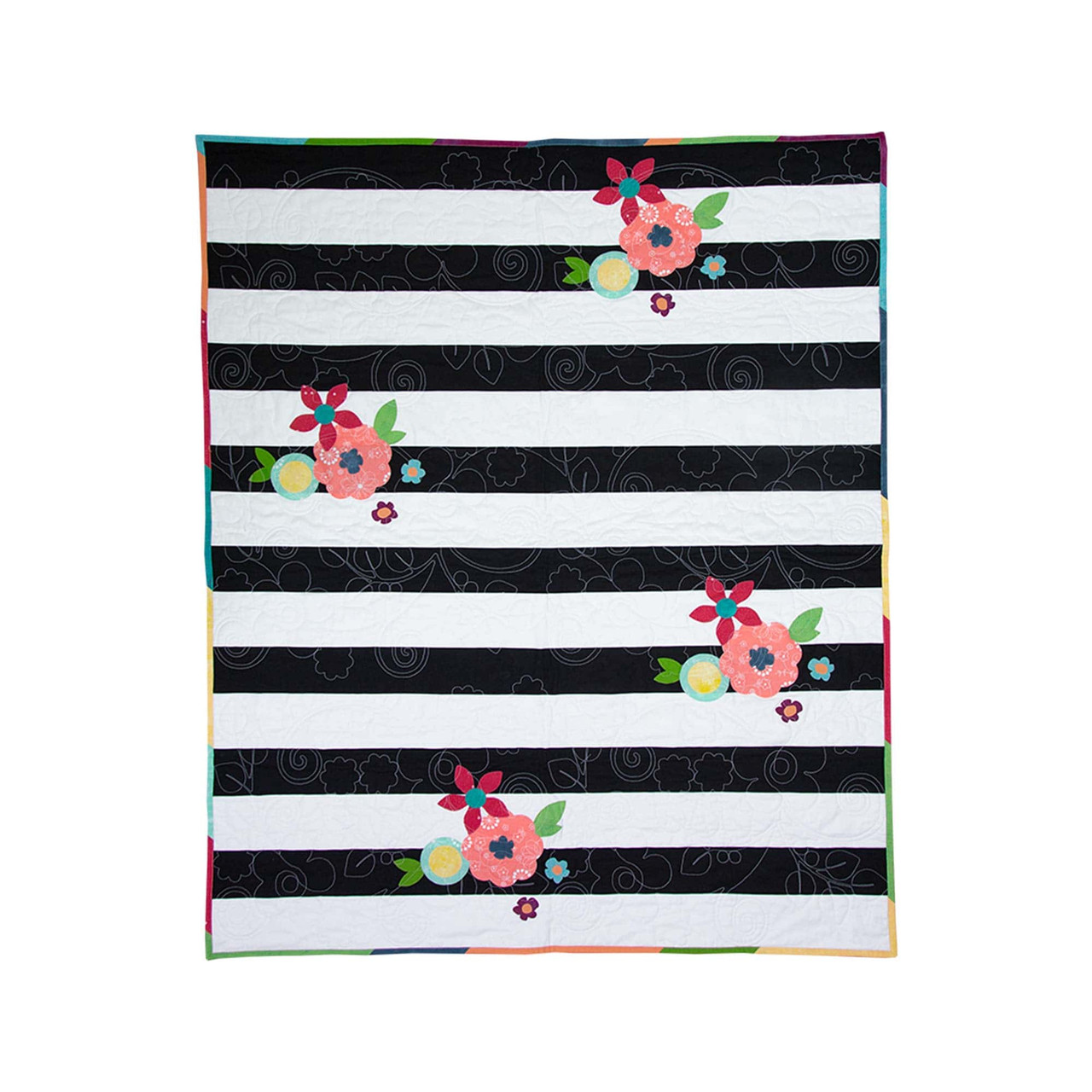Colorful floral quilt with black and white stripes handcrafted in New South Wales.