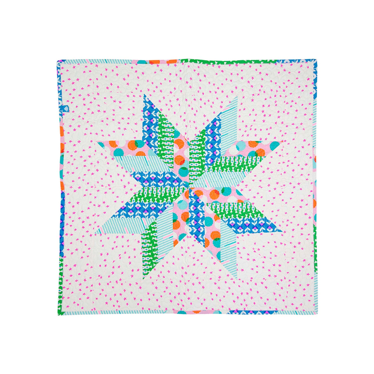 Colorful geometric fabric art with vibrant patterns and star design quilting.