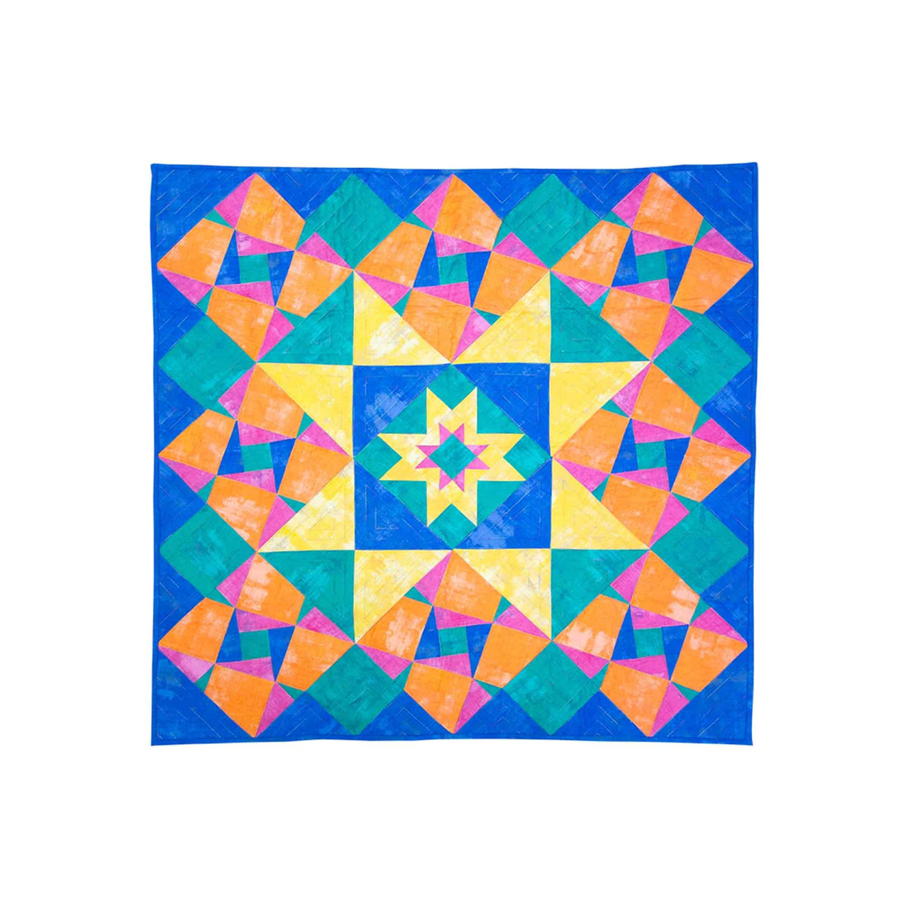 Colorful geometric quilt design with vibrant patterns and bold hues.