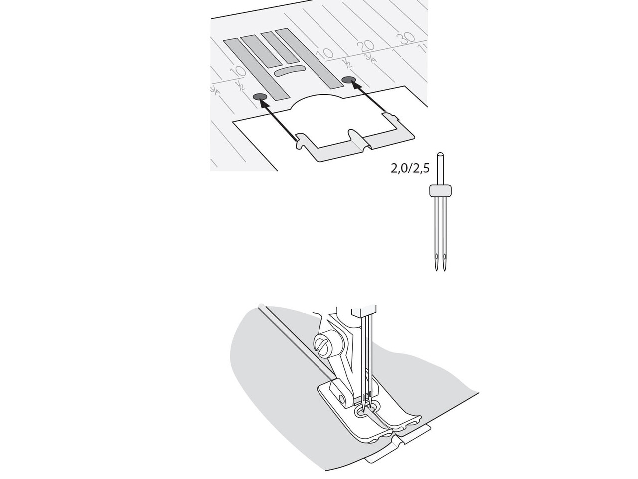 Twin needle pin tuck foot illustration diagram - Husqvarna Viking parallel stitching guide