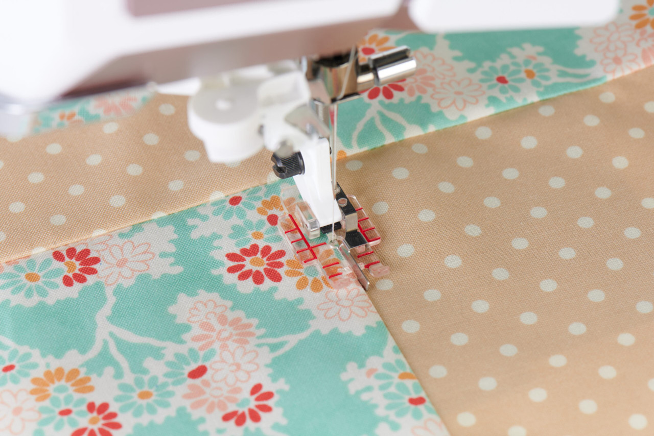 Husqvarna Viking clear adjustable stitch in ditch foot quilting colourful fabric patches