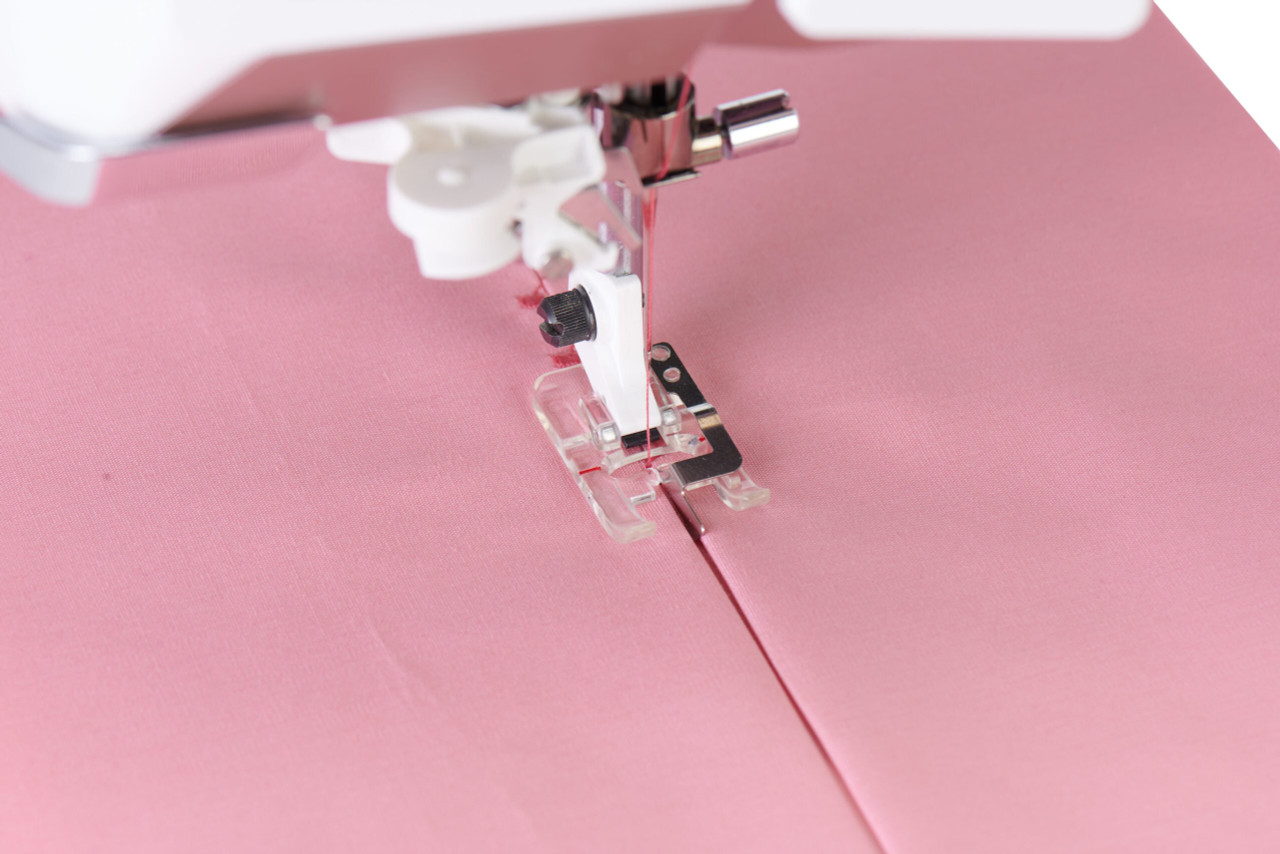 Husqvarna Viking clear edge joining foot in action sewing quilted fabric - presser foot