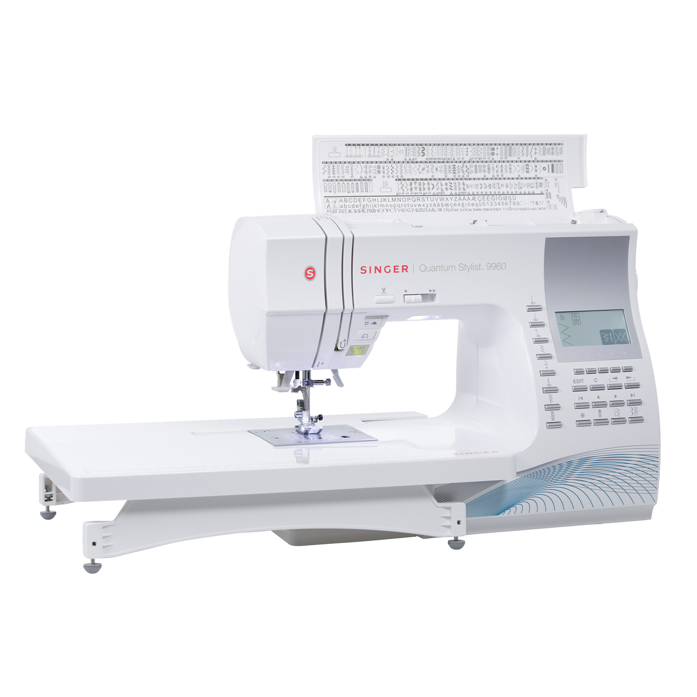 SINGER 9960 Quantum Stylist with extension table and lid open